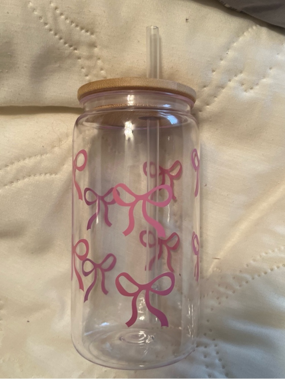 SHEIN Clear Water Bottle with Pink Bow Design and Bamboo Lid